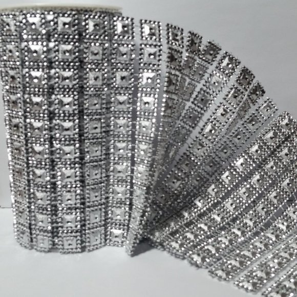 Rhinestone Mesh Ribbon Silver Squares 3 Rolls - Picture 1 of 9